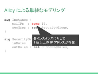 Alloy による単純なモデリング
sig Instance {
priIPs : some IP,
secGrps : set SecurityGroup,
}
sig SecurityGroup {
inRules : set InboundRules,
outRules : set OutboundRules,
}
各インスタンスに対して
1 個以上の IP アドレスが存在
 