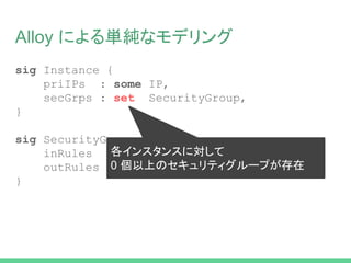 Alloy による単純なモデリング
sig Instance {
priIPs : some IP,
secGrps : set SecurityGroup,
}
sig SecurityGroup {
inRules : set InboundRules,
outRules : set OutboundRules,
}
各インスタンスに対して
0 個以上のセキュリティグループが存在
 