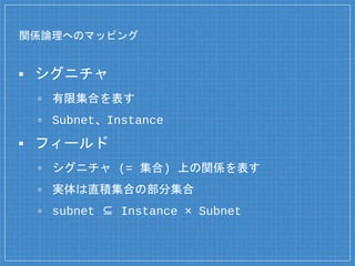 関係論理へのマッピング
▪ シグニチャ
▫ 有限集合を表す
▫ Subnet、Instance
▪ フィールド
▫ シグニチャ (= 集合) 上の関係を表す
▫ 実体は直積集合の部分集合
▫ subnet ⊆ Instance × Subnet
 