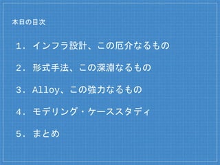 本日の目次
1. インフラ設計、この厄介なるもの
2. 形式手法、この深淵なるもの
3. Alloy、この強力なるもの
4. モデリング・ケーススタディ
5. まとめ
 