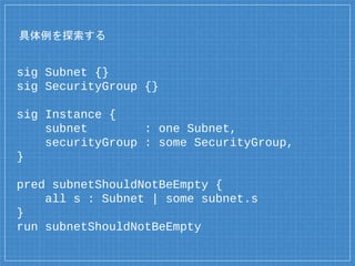 具体例を探索する
sig Subnet {}
sig SecurityGroup {}
sig Instance {
subnet : one Subnet,
securityGroup : some SecurityGroup,
}
pred subnetShouldNotBeEmpty {
all s : Subnet | some subnet.s
}
run subnetShouldNotBeEmpty
 