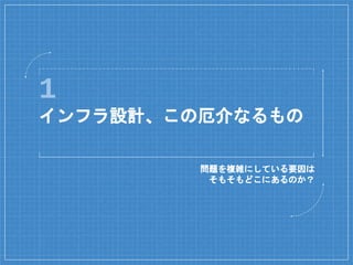 1
インフラ設計、この厄介なるもの
問題を複雑にしている要因は
そもそもどこにあるのか？
 