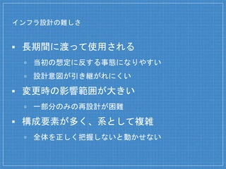 インフラ設計の難しさ
▪ 長期間に渡って使用される
▫ 当初の想定に反する事態になりやすい
▫ 設計意図が引き継がれにくい
▪ 変更時の影響範囲が大きい
▫ 一部分のみの再設計が困難
▪ 構成要素が多く、系として複雑
▫ 全体を正しく把握しないと動かせない
 