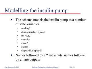 Modelling the insulin pump The schema models the insulin pump as a number of state variables reading? dose, cumulative_dose r0, r1, r2 capacity alarm! pump! display1!, display2! Names followed by a ? are inputs, names followed by a ! are outputs 