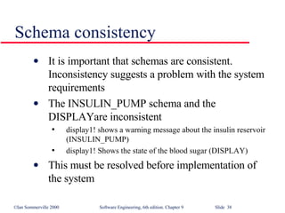 Schema consistency It is important that schemas are consistent. Inconsistency suggests a problem with the system requirements The INSULIN_PUMP schema and the DISPLAYare inconsistent display1! shows a warning message about the insulin reservoir (INSULIN_PUMP) display1! Shows the state of the blood sugar (DISPLAY) This must be resolved before implementation of the system  
