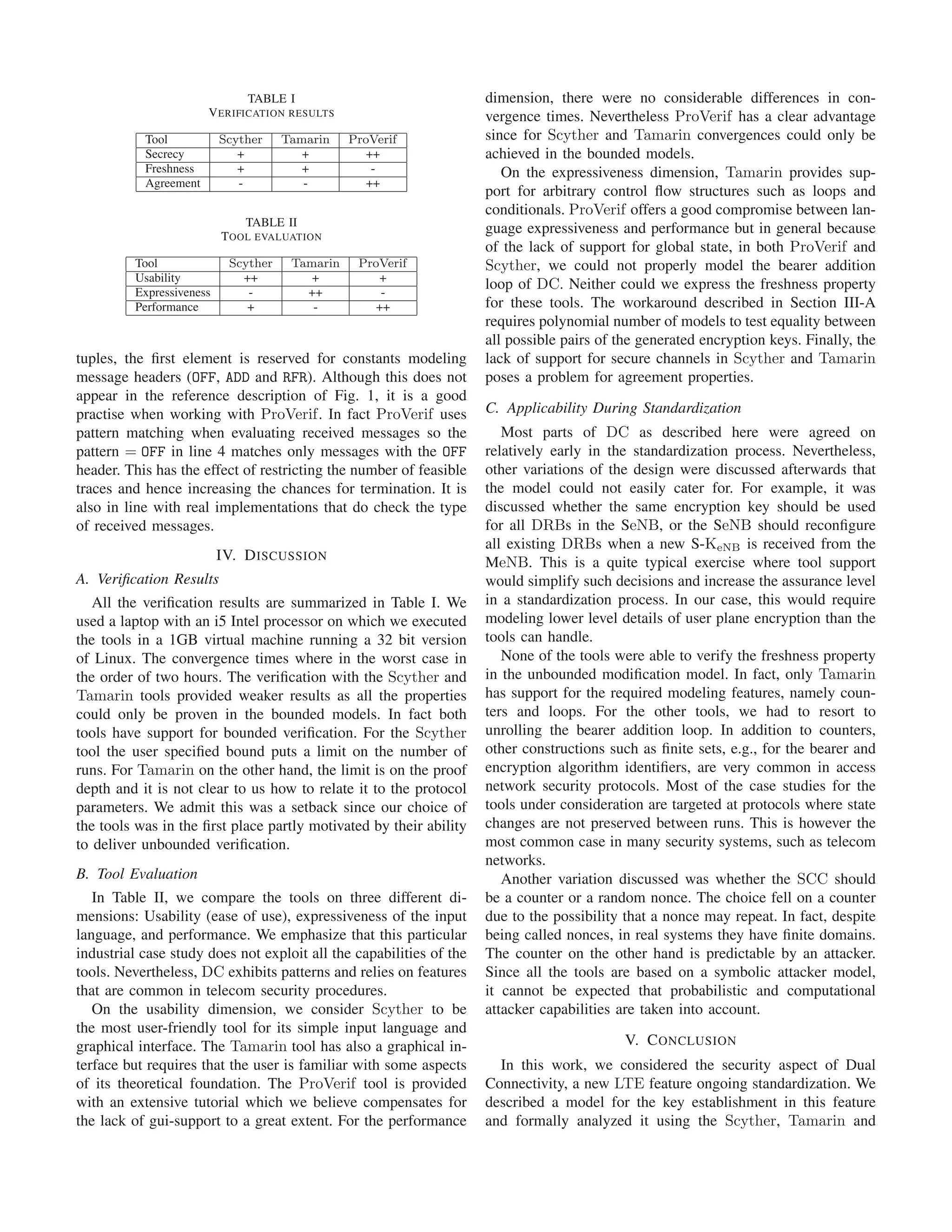 TABLE I
VERIFICATION RESULTS
Tool Scyther Tamarin ProVerif
Secrecy + + ++
Freshness + + -
Agreement - - ++
TABLE II
TOOL EVALUATION
Tool Scyther Tamarin ProVerif
Usability ++ + +
Expressiveness - ++ -
Performance + - ++
tuples, the ﬁrst element is reserved for constants modeling
message headers (OFF, ADD and RFR). Although this does not
appear in the reference description of Fig. 1, it is a good
practise when working with ProVerif. In fact ProVerif uses
pattern matching when evaluating received messages so the
pattern = OFF in line 4 matches only messages with the OFF
header. This has the effect of restricting the number of feasible
traces and hence increasing the chances for termination. It is
also in line with real implementations that do check the type
of received messages.
IV. DISCUSSION
A. Veriﬁcation Results
All the veriﬁcation results are summarized in Table I. We
used a laptop with an i5 Intel processor on which we executed
the tools in a 1GB virtual machine running a 32 bit version
of Linux. The convergence times where in the worst case in
the order of two hours. The veriﬁcation with the Scyther and
Tamarin tools provided weaker results as all the properties
could only be proven in the bounded models. In fact both
tools have support for bounded veriﬁcation. For the Scyther
tool the user speciﬁed bound puts a limit on the number of
runs. For Tamarin on the other hand, the limit is on the proof
depth and it is not clear to us how to relate it to the protocol
parameters. We admit this was a setback since our choice of
the tools was in the ﬁrst place partly motivated by their ability
to deliver unbounded veriﬁcation.
B. Tool Evaluation
In Table II, we compare the tools on three different di-
mensions: Usability (ease of use), expressiveness of the input
language, and performance. We emphasize that this particular
industrial case study does not exploit all the capabilities of the
tools. Nevertheless, DC exhibits patterns and relies on features
that are common in telecom security procedures.
On the usability dimension, we consider Scyther to be
the most user-friendly tool for its simple input language and
graphical interface. The Tamarin tool has also a graphical in-
terface but requires that the user is familiar with some aspects
of its theoretical foundation. The ProVerif tool is provided
with an extensive tutorial which we believe compensates for
the lack of gui-support to a great extent. For the performance
dimension, there were no considerable differences in con-
vergence times. Nevertheless ProVerif has a clear advantage
since for Scyther and Tamarin convergences could only be
achieved in the bounded models.
On the expressiveness dimension, Tamarin provides sup-
port for arbitrary control ﬂow structures such as loops and
conditionals. ProVerif offers a good compromise between lan-
guage expressiveness and performance but in general because
of the lack of support for global state, in both ProVerif and
Scyther, we could not properly model the bearer addition
loop of DC. Neither could we express the freshness property
for these tools. The workaround described in Section III-A
requires polynomial number of models to test equality between
all possible pairs of the generated encryption keys. Finally, the
lack of support for secure channels in Scyther and Tamarin
poses a problem for agreement properties.
C. Applicability During Standardization
Most parts of DC as described here were agreed on
relatively early in the standardization process. Nevertheless,
other variations of the design were discussed afterwards that
the model could not easily cater for. For example, it was
discussed whether the same encryption key should be used
for all DRBs in the SeNB, or the SeNB should reconﬁgure
all existing DRBs when a new S-KeNB is received from the
MeNB. This is a quite typical exercise where tool support
would simplify such decisions and increase the assurance level
in a standardization process. In our case, this would require
modeling lower level details of user plane encryption than the
tools can handle.
None of the tools were able to verify the freshness property
in the unbounded modiﬁcation model. In fact, only Tamarin
has support for the required modeling features, namely coun-
ters and loops. For the other tools, we had to resort to
unrolling the bearer addition loop. In addition to counters,
other constructions such as ﬁnite sets, e.g., for the bearer and
encryption algorithm identiﬁers, are very common in access
network security protocols. Most of the case studies for the
tools under consideration are targeted at protocols where state
changes are not preserved between runs. This is however the
most common case in many security systems, such as telecom
networks.
Another variation discussed was whether the SCC should
be a counter or a random nonce. The choice fell on a counter
due to the possibility that a nonce may repeat. In fact, despite
being called nonces, in real systems they have ﬁnite domains.
The counter on the other hand is predictable by an attacker.
Since all the tools are based on a symbolic attacker model,
it cannot be expected that probabilistic and computational
attacker capabilities are taken into account.
V. CONCLUSION
In this work, we considered the security aspect of Dual
Connectivity, a new LTE feature ongoing standardization. We
described a model for the key establishment in this feature
and formally analyzed it using the Scyther, Tamarin and
 