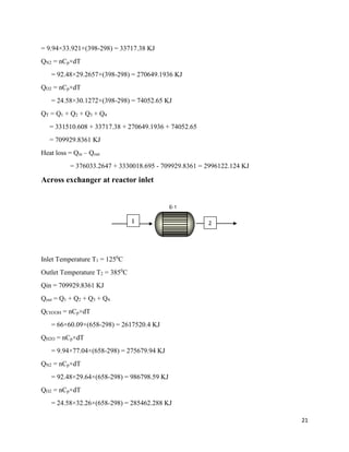 21
= 9.94×33.921×(398-298) = 33717.38 KJ
QN2 = nCp×dT
= 92.48×29.2657×(398-298) = 270649.1936 KJ
QO2 = nCp×dT
= 24.58×30.1272×(398-298) = 74052.65 KJ
QT = Q1 + Q2 + Q3 + Q4
= 331510.608 + 33717.38 + 270649.1936 + 74052.65
= 709929.8361 KJ
Heat loss = Qin – Qout
= 376033.2647 + 3330018.695 - 709929.8361 = 2996122.124 KJ
Across exchanger at reactor inlet
Inlet Temperature T1 = 1250
C
Outlet Temperature T2 = 3850
C
Qin = 709929.8361 KJ
Qout = Q1 + Q2 + Q3 + Q4
QCH3OH = nCp×dT
= 66×60.09×(658-298) = 2617520.4 KJ
QH2O = nCp×dT
= 9.94×77.04×(658-298) = 275679.94 KJ
QN2 = nCp×dT
= 92.48×29.64×(658-298) = 986798.59 KJ
QO2 = nCp×dT
= 24.58×32.26×(658-298) = 285462.288 KJ
E-1
1 2
 