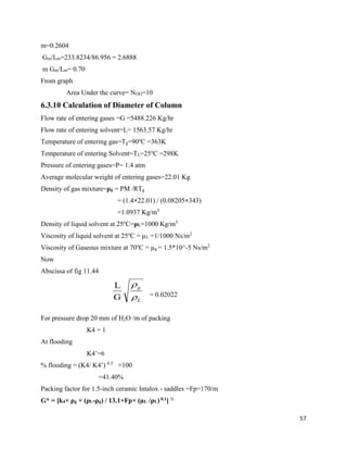 57
m=0.2604
Gm/Lm=233.8234/86.956 = 2.6888
m Gm/Lm= 0.70
From graph
Area Under the curve= NOG=10
6.3.10 Calculation of Diameter of Column
Flow rate of entering gases =G =5488.226 Kg/hr
Flow rate of entering solvent=L= 1563.57 Kg/hr
Temperature of entering gas=Tg=90o
C =363K
Temperature of entering Solvent=TL=25o
C =298K
Pressure of entering gases=P= 1.4 atm
Average molecular weight of entering gases=22.01 Kg
Density of gas mixture=ρg = PM /RTg
= (1.4×22.01) / (0.08205×343)
=1.0937 Kg/m3
Density of liquid solvent at 25o
C=ρL=1000 Kg/m3
Viscosity of liquid solvent at 25o
C = µL =1/1000 Ns/m2
Viscosity of Gaseous mixture at 70o
C = µg = 1.5*10^-5 Ns/m2
Now
Abscissa of fig 11.44
= 0.02022
For pressure drop 20 mm of H2O /m of packing
K4 = 1
At flooding
K4’=6
% flooding = (K4/ K4’) 0.5
×100
=41.40%
Packing factor for 1.5-inch ceramic Intalox - saddles =Fp=170/m
G* = [k4× ρg × (ρL-ρg) / 13.1×Fp× (µL /ρL) 0.1] ½
L
g


G
L
 