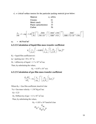 59
aw = 44.74 m2/m3
6.3.12 Calculation of liquid film mass transfer coefficient
KL = liquid film coefficient m/s
dp = packing size =38 x 10-3
m
DL = diffusivity of liquid = 1.7 x 10-9
m2
/sec
Then, by substituting the values,
KL = 4.197 x 10-5
m/s
6.3.13 Calculation of gas film mass transfer coefficient
Where KG = Gas film coefficient, kmol/m2
s.bar
VW= Gas mass velocity = 1.347 Kg m2
/sec
K5= 5.23
Dg =Diffusivity of gas = 1.5 x 10-5
m2
/sec
Then, by substituting the values,
KG =1.835 x 10-3
kmol/m2
s.bar



































 


2.0
3
205.0
2
21.0
3
75.0
19410721000
3844.
8.91000
1943844.
10194
3844.
70
61
45.1exp1
194
wa
  4.0
2
1
3
2
3
1
0051.0 p
LL
L
Lw
w
L
L ad
Da
L
g
K L

























  2
3
1
7.0
5

















 p
gg
g
g
w
g
gG
ad
Da
V
K
aD
RTK



P
w
a
G
K
m
G
G
H 
 