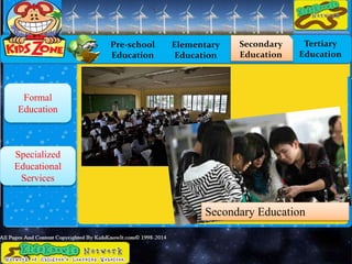 Pre-school
Education
Elementary
Education
Secondary
Education
Tertiary
Education
Formal
Education
Specialized
Educational
Services
Secondary Education
 