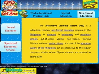 Work education of
Practical Arts
Special
Education
Non-formal
Education
Formal
Education
Specialized
Educational
Services
The Alternative Learning System (ALS) is a
ladderized, modular non-formal education program in the
Philippines for dropouts in elementary and secondary
schools, out-of-school youths, non-readers, working
Filipinos and even senior citizens. It is part of the education
system of the Philippines but an alternative to the regular
classroom studies where Filipino students are required to
attend daily.
 