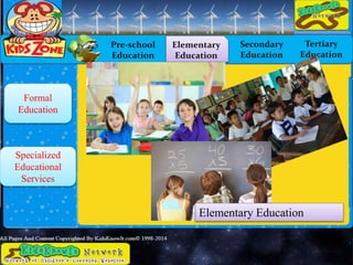 Pre-school
Education
Elementary
Education
Secondary
Education
Tertiary
Education
Formal
Education
Specialized
Educational
Services
Elementary Education
 