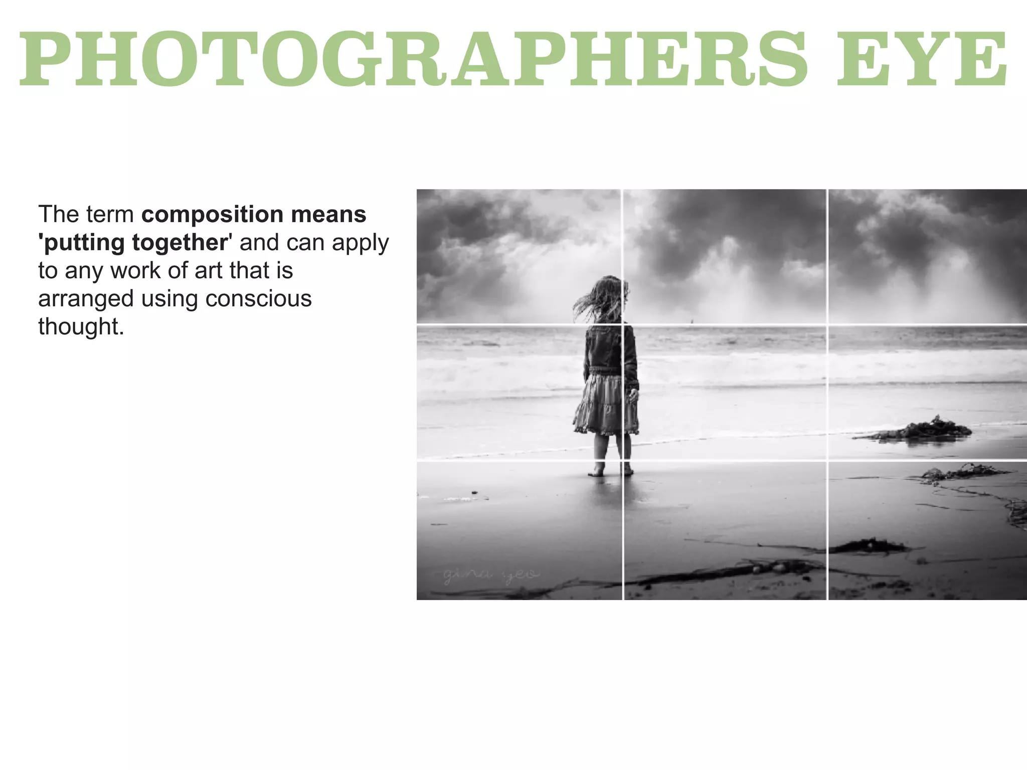 The term composition means
'putting together' and can apply
to any work of art that is
arranged using conscious
thought.
PHOTOGRAPHERS EYE