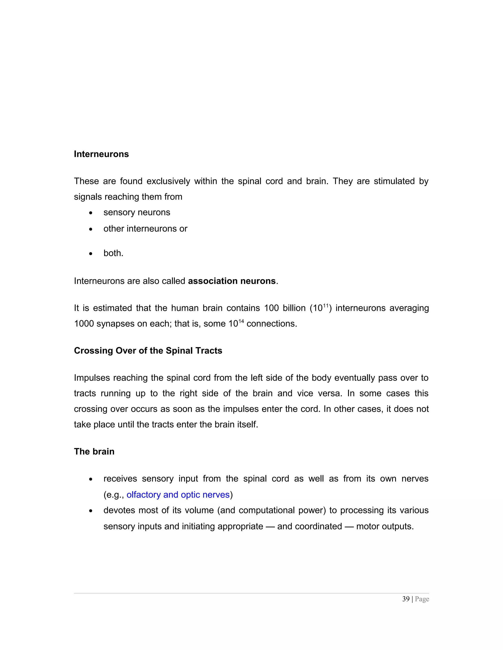 Interneurons
These are found exclusively within the spinal cord and brain. They are stimulated by
signals reaching them from
• sensory neurons
• other interneurons or
• both.
Interneurons are also called association neurons.
It is estimated that the human brain contains 100 billion (1011
) interneurons averaging
1000 synapses on each; that is, some 1014
connections.
Crossing Over of the Spinal Tracts
Impulses reaching the spinal cord from the left side of the body eventually pass over to
tracts running up to the right side of the brain and vice versa. In some cases this
crossing over occurs as soon as the impulses enter the cord. In other cases, it does not
take place until the tracts enter the brain itself.
The brain
• receives sensory input from the spinal cord as well as from its own nerves
(e.g., olfactory and optic nerves)
• devotes most of its volume (and computational power) to processing its various
sensory inputs and initiating appropriate — and coordinated — motor outputs.
39 | Page
 