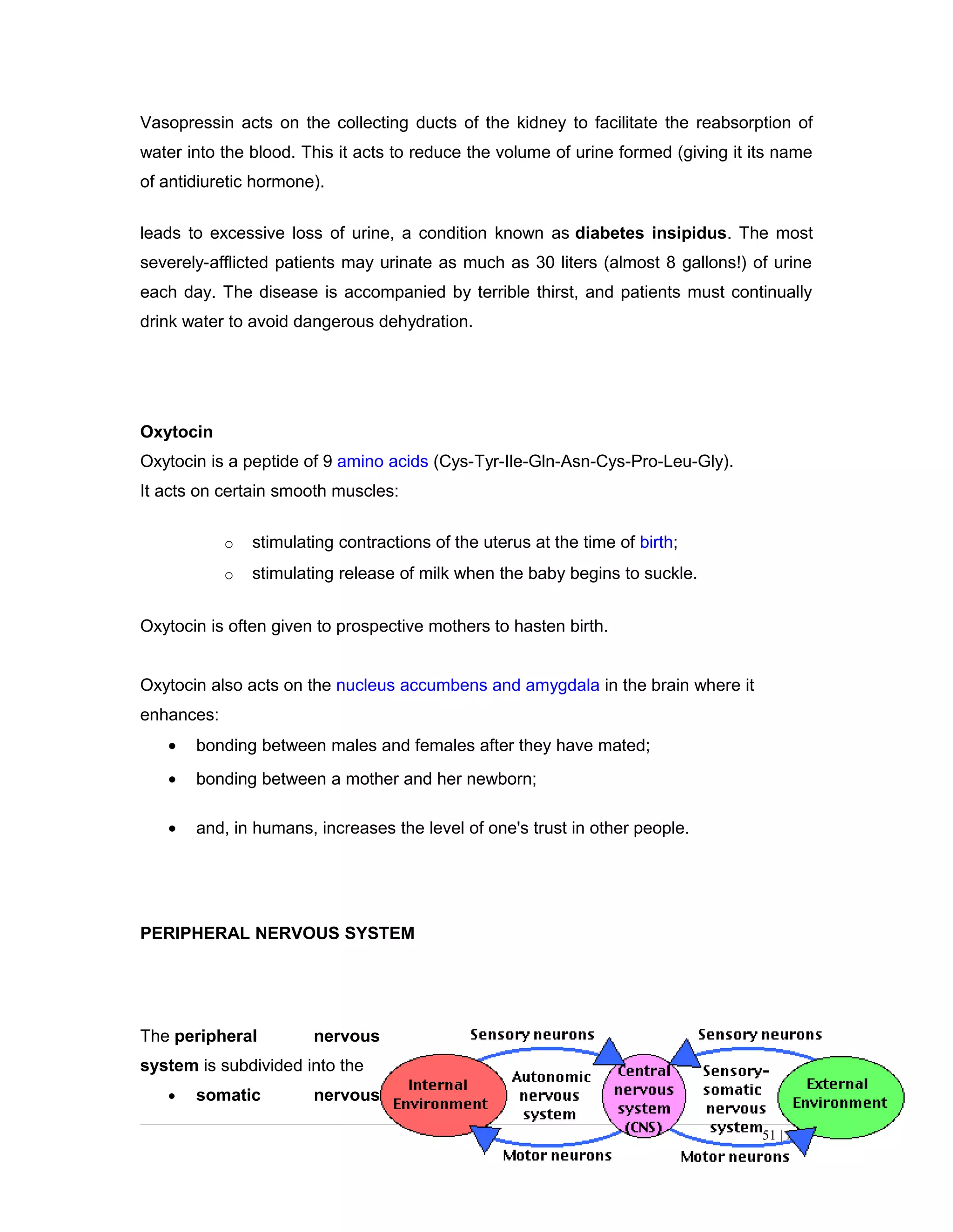 Vasopressin acts on the collecting ducts of the kidney to facilitate the reabsorption of
water into the blood. This it acts to reduce the volume of urine formed (giving it its name
of antidiuretic hormone).
leads to excessive loss of urine, a condition known as diabetes insipidus. The most
severely-afflicted patients may urinate as much as 30 liters (almost 8 gallons!) of urine
each day. The disease is accompanied by terrible thirst, and patients must continually
drink water to avoid dangerous dehydration.
Oxytocin
Oxytocin is a peptide of 9 amino acids (Cys-Tyr-Ile-Gln-Asn-Cys-Pro-Leu-Gly).
It acts on certain smooth muscles:
o stimulating contractions of the uterus at the time of birth;
o stimulating release of milk when the baby begins to suckle.
Oxytocin is often given to prospective mothers to hasten birth.
Oxytocin also acts on the nucleus accumbens and amygdala in the brain where it
enhances:
• bonding between males and females after they have mated;
• bonding between a mother and her newborn;
• and, in humans, increases the level of one's trust in other people.
PERIPHERAL NERVOUS SYSTEM
The peripheral nervous
system is subdivided into the
• somatic nervous
51 | Page
 