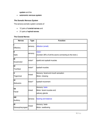 system and the
• autonomic nervous system
The Somatic Nervous System
The sensory-somatic system consists of
• 12 pairs of cranial nerves and
• 31 pairs of spinal nerves.
The Cranial Nerves
Nerves Type Function
I
Olfactory
sensory olfaction (smell)
II
Optic
sensory
vision
(Contain 38% of all the axons connecting to the brain.)
III
Oculomotor
motor* eyelid and eyeball muscles
IV
Trochlear
motor* eyeball muscles
V
Trigeminal
mixed
Sensory: facial and mouth sensation
Motor: chewing
VI
Abducens
motor* eyeball movement
VII
Facial
mixed
Sensory: taste
Motor: facial muscles and
salivary glands
VIII
Auditory
sensory hearing and balance
IX
Glossopharyngeal
mixed
Sensory: taste
Motor: swallowing
52 | Page
 