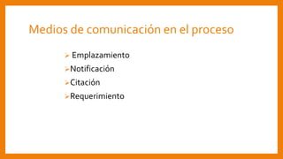 Medios de comunicación en el proceso
 Emplazamiento
Notificación
Citación
Requerimiento
 
