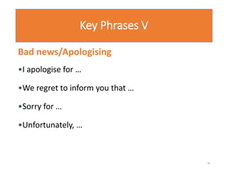 Key Phrases V
Bad news/Apologising
•I apologise for …
•We regret to inform you that …
•Sorry for …
•Unfortunately, …
30
 