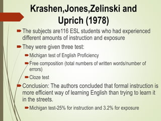 Krashen,Jones,Zelinski and
Uprich (1978)
The subjects are116 ESL students who had experienced
different amounts of instruction and exposure
They were given three test:
Michigan test of English Proficiency
Free composition (total numbers of written words/number of
errors)
Cloze test
Conclusion: The authors concluded that formal instruction is
more efficient way of learning English than trying to learn it
in the streets.
Michigan test-25% for instruction and 3.2% for exposure
 