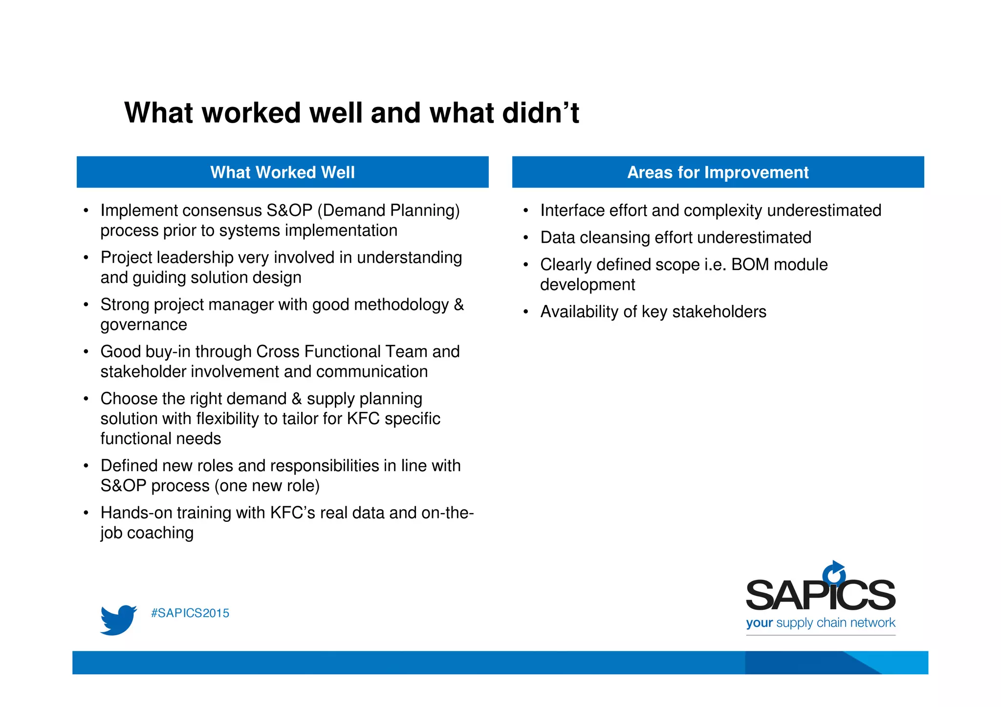 What worked well and what didn’t
What Worked Well Areas for Improvement
• Interface effort and complexity underestimated
• Data cleansing effort underestimated
• Clearly defined scope i.e. BOM module
development
• Availability of key stakeholders
• Implement consensus S&OP (Demand Planning)
process prior to systems implementation
• Project leadership very involved in understanding
and guiding solution design
• Strong project manager with good methodology &
governance
• Good buy-in through Cross Functional Team and
stakeholder involvement and communication
• Choose the right demand & supply planning
solution with flexibility to tailor for KFC specific
functional needs
• Defined new roles and responsibilities in line with
S&OP process (one new role)
• Hands-on training with KFC’s real data and on-the-
job coaching
 