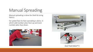 Manual Spreading
Manual spreading is done for Shell & Lining
fabrics.
For jacket face-to-face spreading is done, in
which odd number plies face up and even
number plies face down.
Auto Track Falcon® II
 
