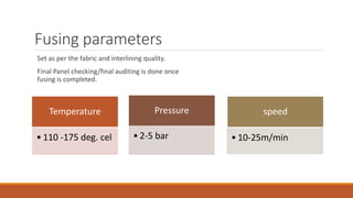 Fusing parameters
Set as per the fabric and interlining quality.
Final Panel checking/final auditing is done once
fusing is completed.
Temperature
• 110 -175 deg. cel
Pressure
• 2-5 bar
speed
• 10-25m/min
 