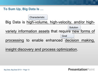 To Sum Up, Big Data Is …
Big Data, Big Deal 2013  Page 13
Big Data is high-volume, high-velocity, and/or high-
variety information assets that require new forms of
processing to enable enhanced decision making,
insight discovery and process optimization.
Characteristic
Goal
Solution
 