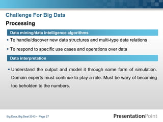 Challenge For Big Data
 To handle/discover new data structures and multi-type data relations
 To respond to specific use cases and operations over data
Big Data, Big Deal 2013  Page 27
Data mining/data intelligence algorithms
Processing
Data interpretation
 Understand the output and model it through some form of simulation.
Domain experts must continue to play a role. Must be wary of becoming
too beholden to the numbers.
 