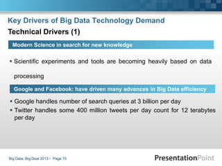 Key Drivers of Big Data Technology Demand
 Scientific experiments and tools are becoming heavily based on data
processing...