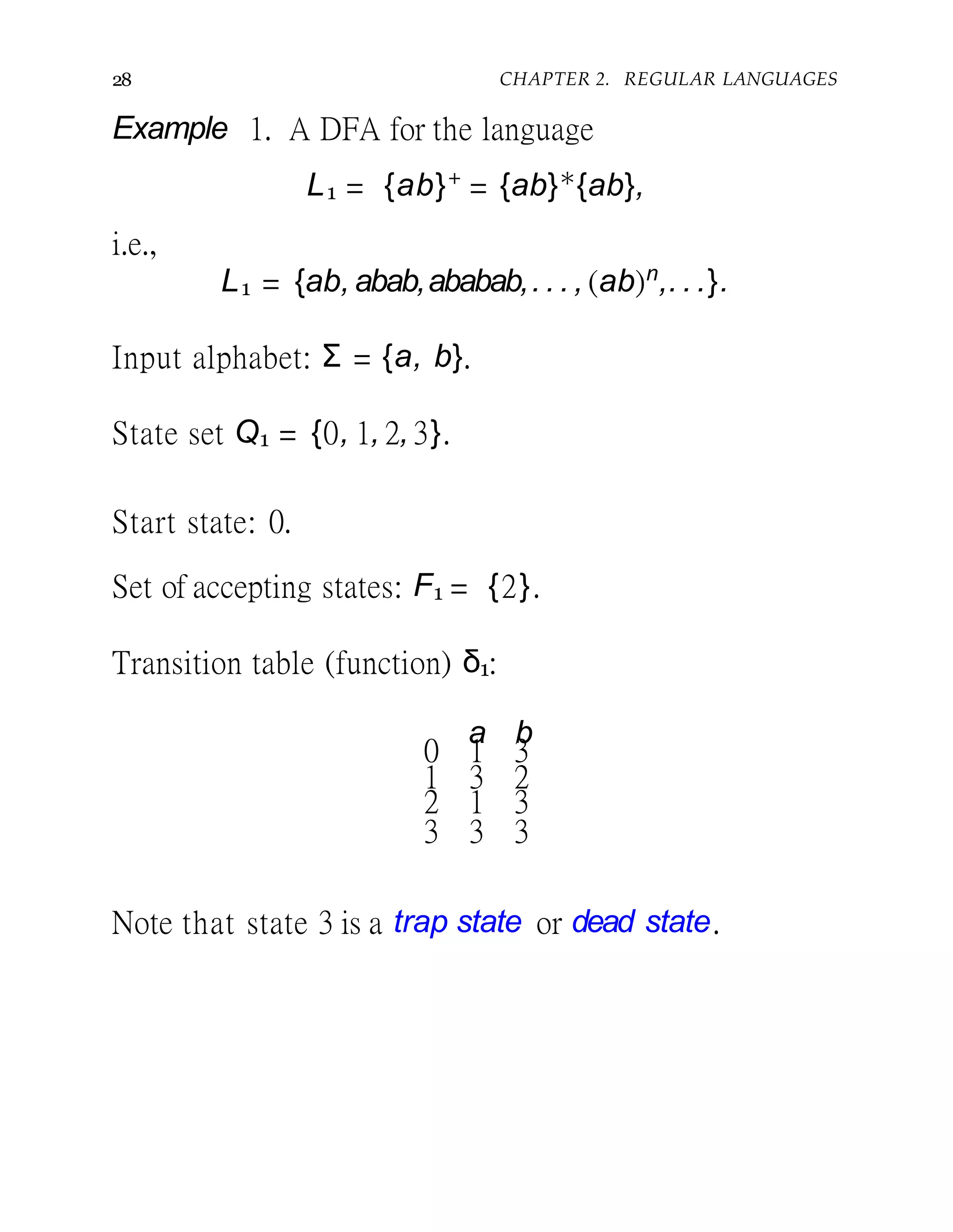 28 CHAPTER 2. REGULAR LANGUAGES
Example 1. A DFA for the language
L1 = {ab}+
= {ab}∗
{ab},
i.e.,
L1 = {ab, abab,ababab,. . . , (ab)n
,. . .}.
Input alphabet: Σ = {a, b}.
State set Q1 = {0, 1, 2, 3}.
Start state: 0.
Set of accepting states: F1 = {2}.
Transition table (function) δ1:
a b
0 1 3
1 3 2
2 1 3
3 3 3
Note that state 3 is a trap state or dead state.
 