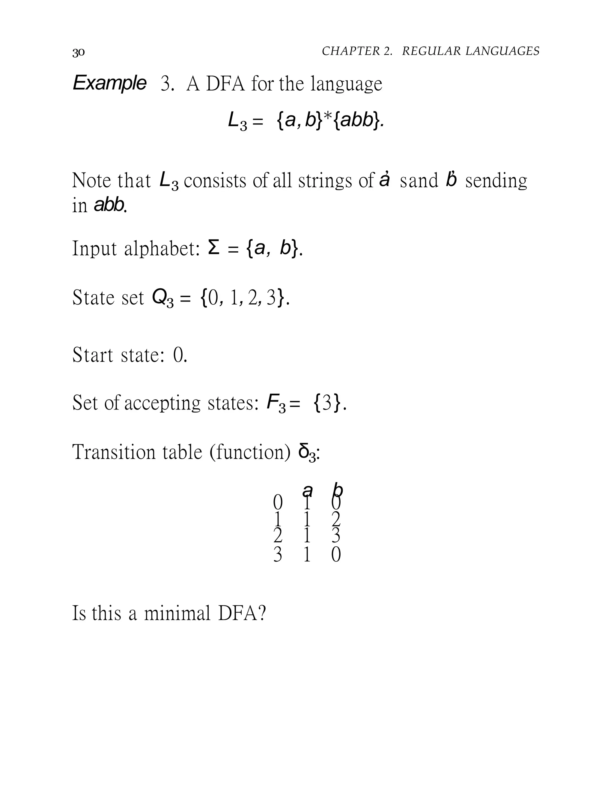 30 CHAPTER 2. REGULAR LANGUAGES
Example 3. A DFA for the language
L3 = {a,b}∗
{abb}.
Note that L3 consists of all strings of a’sand b’sending
in abb.
Input alphabet: Σ = {a, b}.
State set Q3 = {0, 1, 2, 3}.
Start state: 0.
Set of accepting states: F3 = {3}.
Transition table (function) δ3:
a b
0 1 0
1 1 2
2 1 3
3 1 0
Is this a minimal DFA?
 