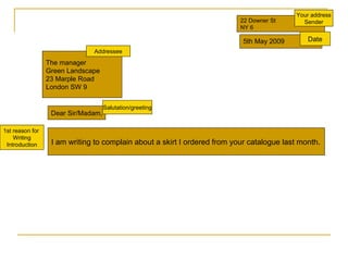 22 Downer St NY 6 5th May 2009 The manager Green Landscape 23 Marple Road London SW 9 Dear Sir/Madam, 1st reason for  Writing Introduction I am writing to complain about a skirt I ordered from your catalogue last month. Addressee Date Your address Sender Salutation/greeting 