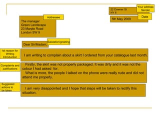 22 Downer St NY 6 5th May 2009 The manager Green Landscape 23 Marple Road London SW 9 Dear Sir/Madam, 1st reason for  Writing Introduction I am writing to complain about a skirt I ordered from your catalogue last month. Complaints and justifications Firstly, the skirt was not properly packaged. It was dirty and it was not the  colour I had asked  for. What is more, the people I talked on the phone were really rude and did not  attend me properly. Suggested  actions to be taken I am very disappointed and I hope that steps will be taken to rectify this  situation. Date Your address Sender Salutation/greeting Addressee 
