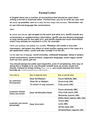 Formal Letter
In English there are a number of conventions that should be used when
writing a formal or business letter. Furthermore, you try to write as simply and
as clearly as possible, and not to make the letter longer than necessary. Remember not
to use informal language like contractions.

TIPS:

Be concise and relevant: get straight to the point and stick to it, don’t include any
unnecessary or supplementary information, don’t use any flowery language
or long words just for the sake of it, and don’t repeat too much information
which may already be included in a CV, for example

Check your grammar and spelling very carefully: Mistakes will create a very bad
impression, will lessen the effect of what you’re saying and in the case of a
job application letter, could well also consign it to the bin.

Use the right tone of language: avoid everyday, colloquial language; slang or jargon;
avoid contractions; avoid emotive, subjective language; avoid vague words
such as nice, good, get etc.

You should always be polite and respectful, even if complaining. One way of
doing this in English is to use ‘modal verbs’ such as would, could and
should. Instead of simply writing Please send me, you could express this more
formally as I would be grateful if you could send me ...

You write to           How to begin the letter           How to end the letter

                       Dear Sir/Madam                    Yours faithfully (BE)
an unknown              Dear Sir or Madam                Yours truly (AE)
firm/person
                        To whom it may concern           Truly yours (AE)

                                                         Yours sincerely (BE)
a person whose                                           Very truly yours (AE)
                       Dear Mr/Mrs/Ms Fisher
name you know
                                                         Sincerely (yours) (AE)
                                                         (With) Best wishes (BE) (AE)
                                                         Yours (BE)
a person you know                                        Love (BE)
                       Dear Ann/John
personally
                                                         All the best (AE)
                                                         Kindest/Best regards (AE)
 