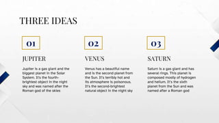THREE IDEAS
JUPITER VENUS
Jupiter is a gas giant and the
biggest planet in the Solar
System. It's the fourth-
brightest object in the night
sky and was named after the
Roman god of the skies
Venus has a beautiful name
and is the second planet from
the Sun. It’s terribly hot and
its atmosphere is poisonous.
It’s the second-brightest
natural object in the night sky
Saturn is a gas giant and has
several rings. This planet is
composed mostly of hydrogen
and helium. It’s the sixth
planet from the Sun and was
named after a Roman god
SATURN
01 02 03
 