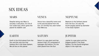 SIX IDEAS
Despite being red, Mars is
actually a cold place. It's full of
iron oxide dust, which gives the
planet its reddish cast
Venus has a beautiful name and
is the second planet from the
Sun. It’s terribly hot, even hotter
than Mercury
Earth is the third planet from the
Sun and the only one that
harbors life in the Solar System.
We all live on this planet
Saturn is a gas giant and has
several rings. It's composed of
hydrogen and helium. It’s the
sixth planet from the Sun
MARS VENUS NEPTUNE
Neptune is the farthest planet
from the Sun. It's also the
fourth-largest planet by diameter
in the Solar System
Jupiter is a gas giant and the
biggest planet in the Solar
System. It's the fourth-brightest
object in the night sky
EARTH SATURN JUPITER
 