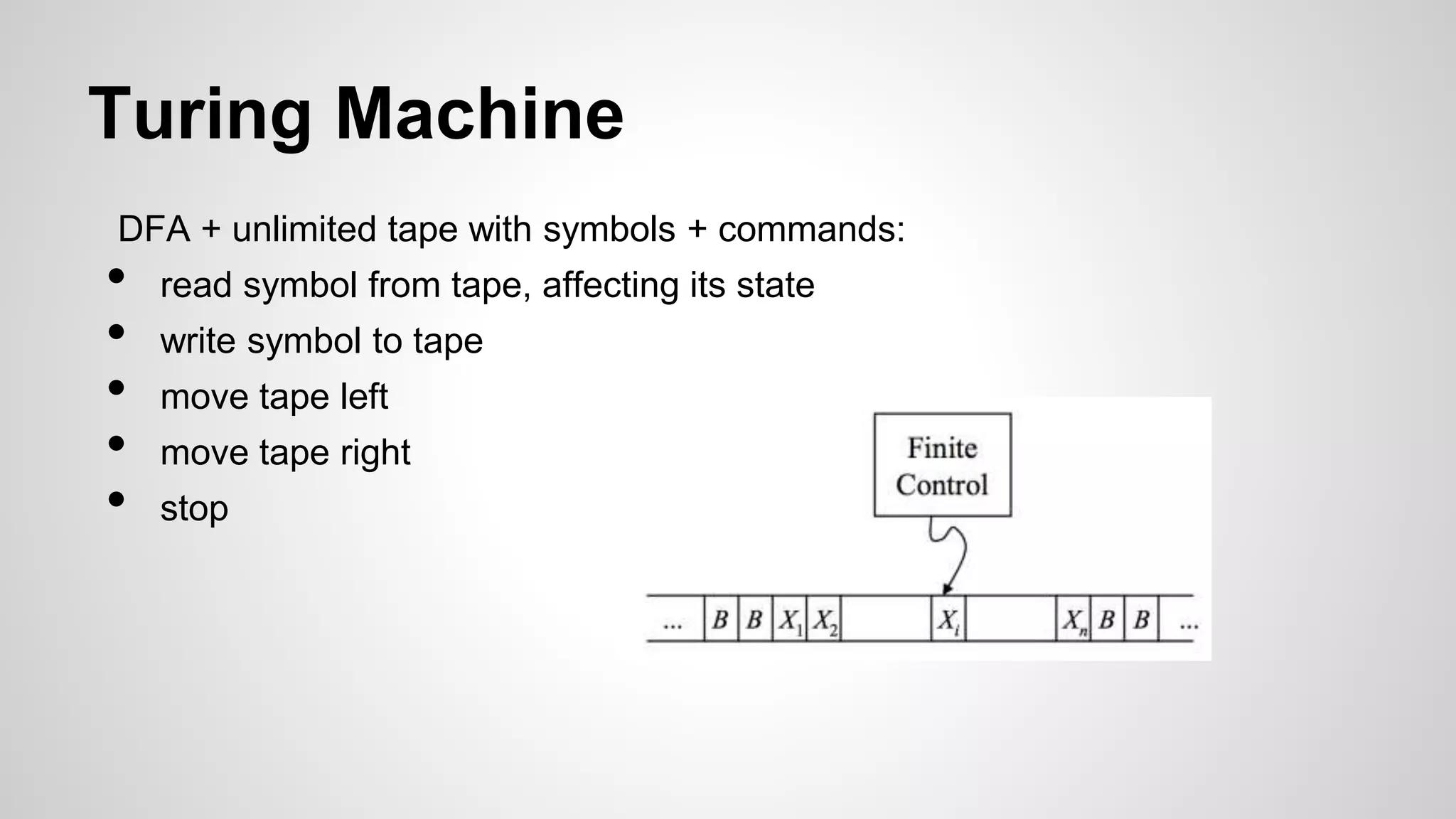 Turing Machine
DFA + unlimited tape with symbols + commands:
• read symbol from tape, affecting its state
• write symbol to tape
• move tape left
• move tape right
• stop
 