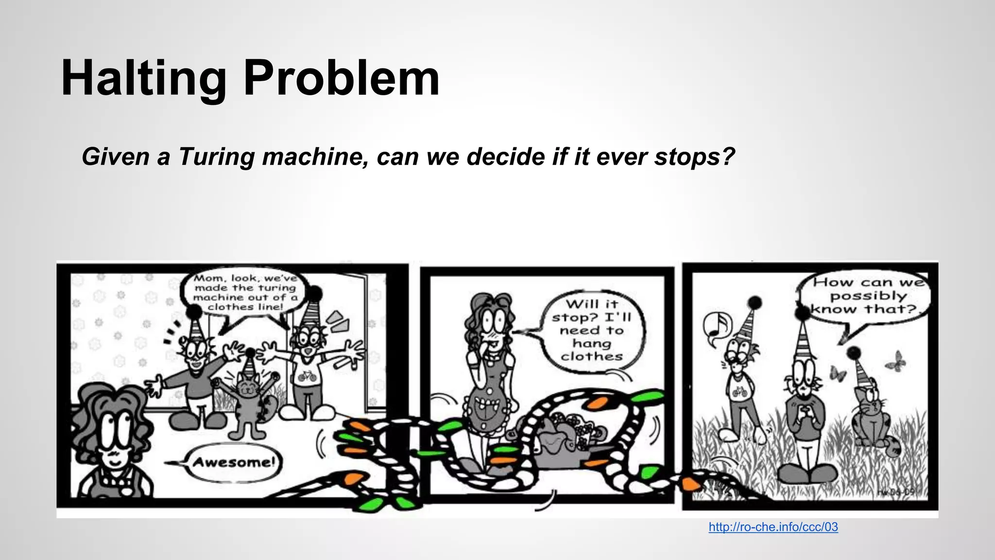 Halting Problem
Given a Turing machine, can we decide if it ever stops?
http://ro-che.info/ccc/03
 