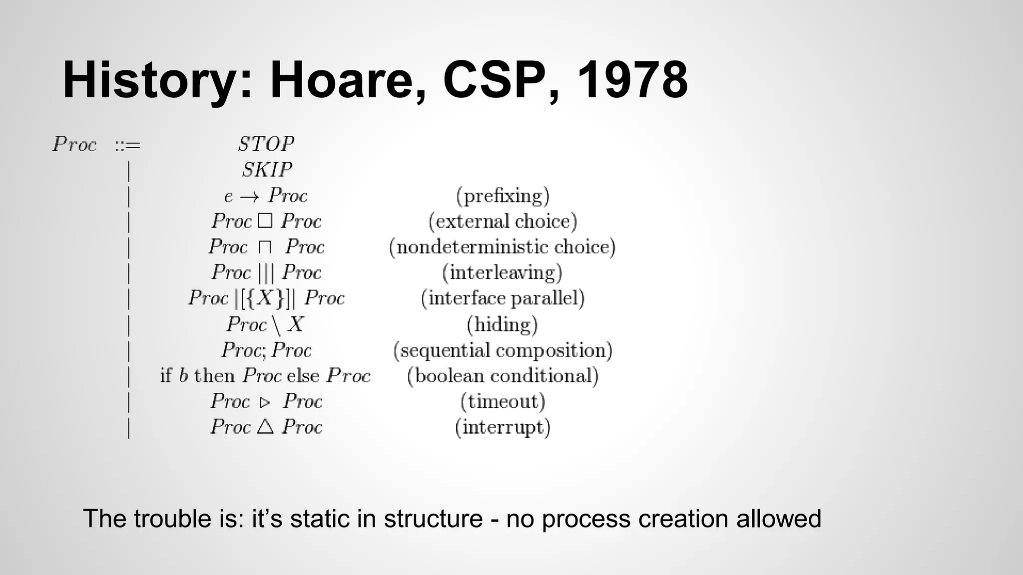 History: Hoare, CSP, 1978
The trouble is: it’s static in structure - no process creation allowed
 