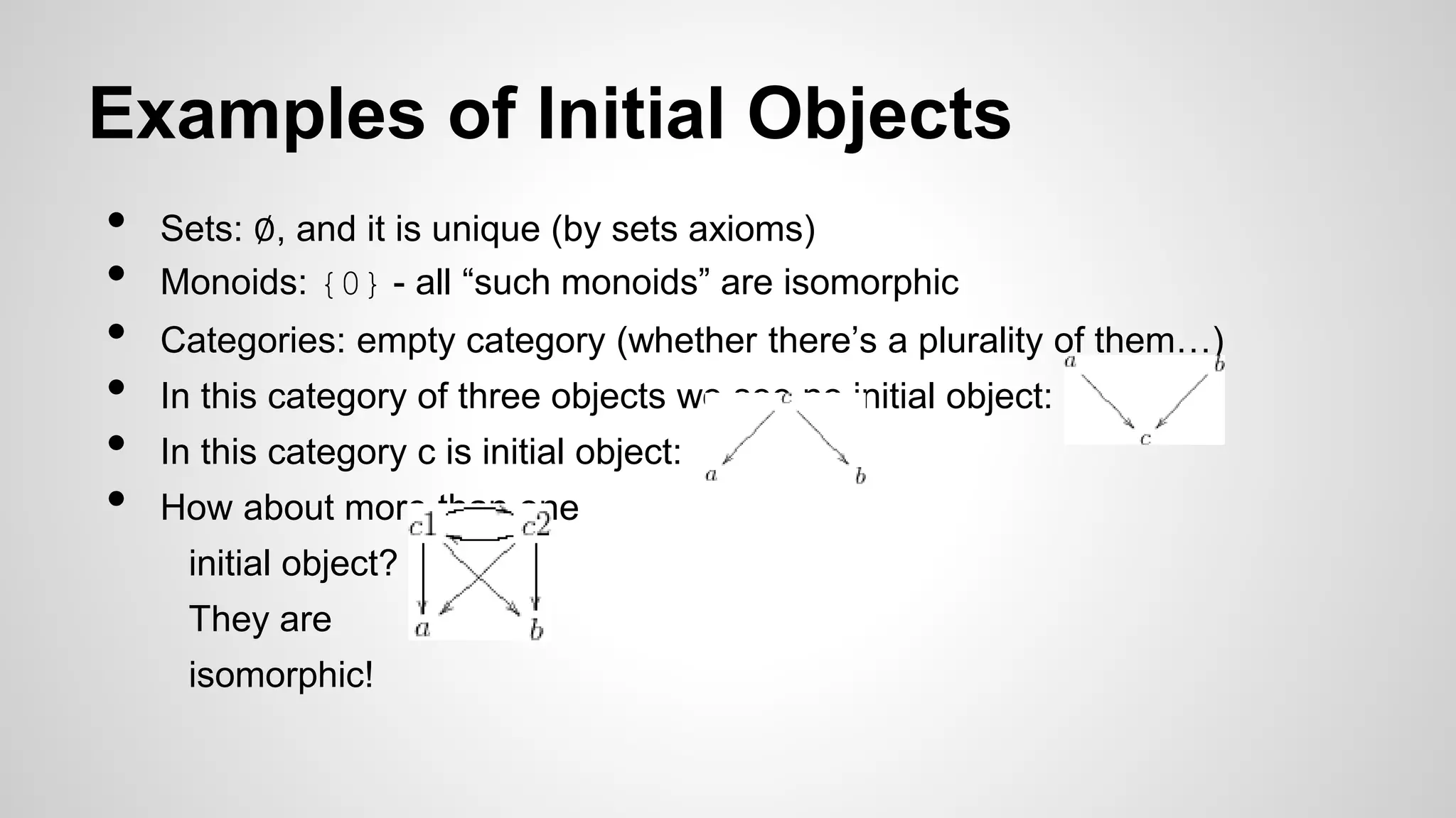 Examples of Initial Objects
• Sets: ∅, and it is unique (by sets axioms)
• Monoids: {0} - all “such monoids” are isomorphic
• Categories: empty category (whether there’s a plurality of them…)
• In this category of three objects we see no initial object:
• In this category c is initial object:
• How about more than one
initial object?
They are
isomorphic!
 