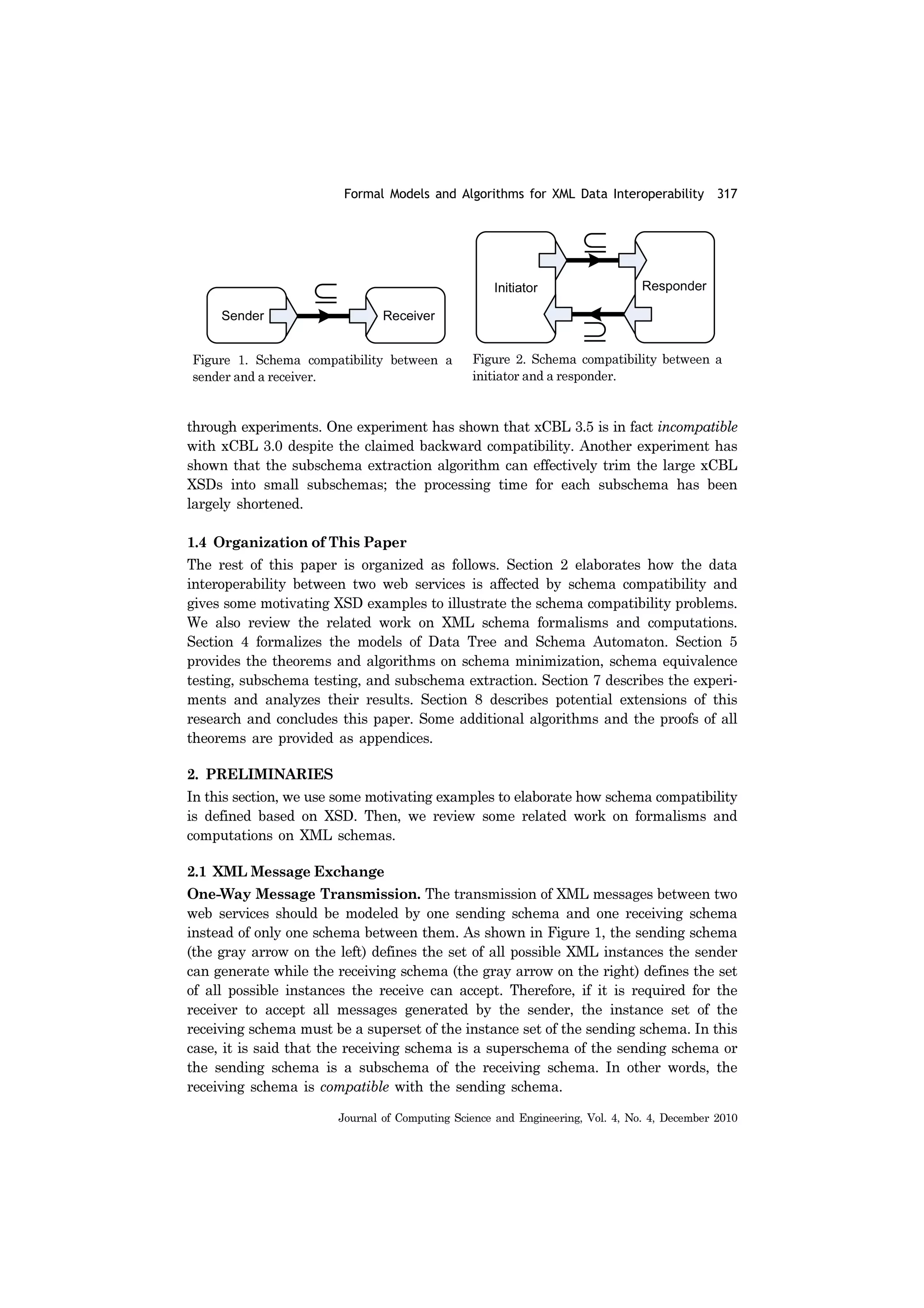 Formal Models and Algorithms for XML Data Interoperability 317
Journal of Computing Science and Engineering, Vol. 4, No. 4, December 2010
through experiments. One experiment has shown that xCBL 3.5 is in fact incompatible
with xCBL 3.0 despite the claimed backward compatibility. Another experiment has
shown that the subschema extraction algorithm can effectively trim the large xCBL
XSDs into small subschemas; the processing time for each subschema has been
largely shortened.
1.4 Organization of This Paper
The rest of this paper is organized as follows. Section 2 elaborates how the data
interoperability between two web services is affected by schema compatibility and
gives some motivating XSD examples to illustrate the schema compatibility problems.
We also review the related work on XML schema formalisms and computations.
Section 4 formalizes the models of Data Tree and Schema Automaton. Section 5
provides the theorems and algorithms on schema minimization, schema equivalence
testing, subschema testing, and subschema extraction. Section 7 describes the experi-
ments and analyzes their results. Section 8 describes potential extensions of this
research and concludes this paper. Some additional algorithms and the proofs of all
theorems are provided as appendices.
2. PRELIMINARIES
In this section, we use some motivating examples to elaborate how schema compatibility
is defined based on XSD. Then, we review some related work on formalisms and
computations on XML schemas.
2.1 XML Message Exchange
One-Way Message Transmission. The transmission of XML messages between two
web services should be modeled by one sending schema and one receiving schema
instead of only one schema between them. As shown in Figure 1, the sending schema
(the gray arrow on the left) defines the set of all possible XML instances the sender
can generate while the receiving schema (the gray arrow on the right) defines the set
of all possible instances the receive can accept. Therefore, if it is required for the
receiver to accept all messages generated by the sender, the instance set of the
receiving schema must be a superset of the instance set of the sending schema. In this
case, it is said that the receiving schema is a superschema of the sending schema or
the sending schema is a subschema of the receiving schema. In other words, the
receiving schema is compatible with the sending schema.
Figure 1. Schema compatibility between a
sender and a receiver.
Figure 2. Schema compatibility between a
initiator and a responder.
 