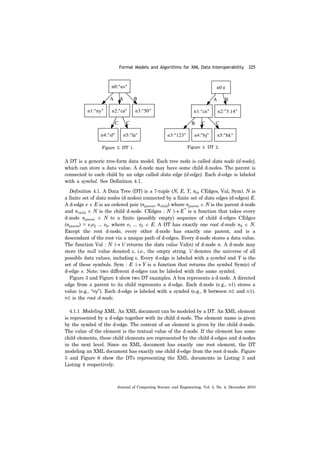 Formal Models and Algorithms for XML Data Interoperability 325
Journal of Computing Science and Engineering, Vol. 4, No. 4, December 2010
A DT is a generic tree-form data model. Each tree node is called data node (d-node),
which can store a data value. A d-node may have some child d-nodes. The parent is
connected to each child by an edge called data edge (d-edge). Each d-edge is labeled
with a symbol. See Definition 4.1.
Definition 4.1. A Data Tree (DT) is a 7-tuple (N, E, Y, n0, CEdges, Val, Sym). N is
a finite set of data nodes (d-nodes) connected by a finite set of data edges (d-edges) E.
A d-edge e ∈ E is an ordered pair (nparent, nchild) where nparent ∈ N is the parent d-node
and nchild ∈ N is the child d-node. CEdges : N |→ E*
is a function that takes every
d-node nparent ∈ N to a finite (possibly empty) sequence of child d-edges CEdges
(nparent) = e1e2 ... ek, where e1 ... ek ∈ E. A DT has exactly one root d-node n0 ∈ N.
Except the root d-node, every other d-node has exactly one parent, and is a
descendant of the root via a unique path of d-edges. Every d-node stores a data value.
The function Val : N |→ V returns the data value Val(n) of d-node n. A d-node may
store the null value denoted ε, i.e., the empty string. V denotes the universe of all
possible data values, including ε. Every d-edge is labeled with a symbol and Y is the
set of these symbols. Sym : E |→ Y is a function that returns the symbol Sym(e) of
d-edge e. Note: two different d-edges can be labeled with the same symbol.
Figure 3 and Figure 4 show two DT examples. A box represents a d-node. A directed
edge from a parent to its child represents a d-edge. Each d-node (e.g., n1) stores a
value (e.g., “ny”). Each d-edge is labeled with a symbol (e.g., B between n0 and n3).
n0 is the root d-node.
4.1.1 Modeling XML. An XML document can be modeled by a DT. An XML element
is represented by a d-edge together with its child d-node. The element name is given
by the symbol of the d-edge. The content of an element is given by the child d-node.
The value of the element is the textual value of the d-node. If the element has some
child elements, these child elements are represented by the child d-edges and d-nodes
in the next level. Since an XML document has exactly one root element, the DT
modeling an XML document has exactly one child d-edge from the root d-node. Figure
5 and Figure 6 show the DTs representing the XML documents in Listing 3 and
Listing 4 respectively.
Figure 3. DT 1. Figure 4. DT 2.
 