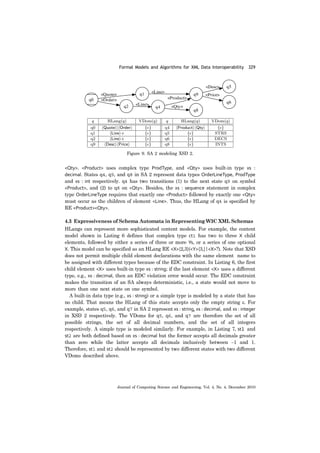 Formal Models and Algorithms for XML Data Interoperability 329
Journal of Computing Science and Engineering, Vol. 4, No. 4, December 2010
<Qty>. <Product> uses complex type ProdType, and <Qty> uses built-in type xs :
decimal. States q4, q9, and q8 in SA 2 represent data types OrderLineType, ProdType
and xs : int respectively. q4 has two transitions (1) to the next state q9 on symbol
<Product>, and (2) to q8 on <Qty>. Besides, the xs : sequence statement in complex
type OrderLineType requires that exactly one <Product> followed by exactly one <Qty>
must occur as the children of element <Line>. Thus, the HLang of q4 is specified by
RE <Product><Qty>.
4.3 Expressiveness of Schema Automata in Representing W3C XML Schemas
HLangs can represent more sophisticated content models. For example, the content
model shown in Listing 6 defines that complex type ct1 has two to three X child
elements, followed by either a series of three or more Ys, or a series of one optional
X. This model can be specified as an HLang RE <X>{2,3}(<Y>{3,}|<X>?). Note that XSD
does not permit multiple child element declarations with the same element name to
be assigned with different types because of the EDC constraint. In Listing 6, the first
child element <X> uses built-in type xs : string; if the last element <X> uses a different
type, e.g., xs : decimal, then an EDC violation error would occur. The EDC constraint
makes the transition of an SA always deterministic, i.e., a state would not move to
more than one next state on one symbol.
A built-in data type (e.g., xs : string) or a simple type is modeled by a state that has
no child. That means the HLang of this state accepts only the empty string ε. For
example, states q5, q6, and q7 in SA 2 represent xs : string, xs : decimal, and xs : integer
in XSD 2 respectively. The VDoms for q5, q6, and q7 are therefore the set of all
possible strings, the set of all decimal numbers, and the set of all integers
respectively. A simple type is modeled similarly. For example, in Listing 7, st1 and
st2 are both defined based on xs : decimal but the former accepts all decimals greater
than zero while the latter accepts all decimals inclusively between −1 and 1.
Therefore, st1 and st2 should be represented by two different states with two different
VDoms described above.
Figure 9. SA 2 modeling XSD 2.
 