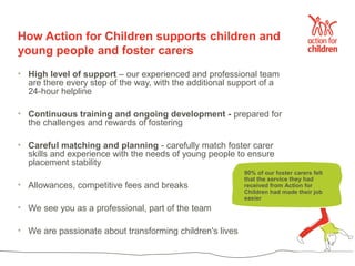 How Action for Children supports children and
young people and foster carers
• High level of support – our experienced and professional team
  are there every step of the way, with the additional support of a
  24-hour helpline

• Continuous training and ongoing development - prepared for
  the challenges and rewards of fostering

• Careful matching and planning - carefully match foster carer
  skills and experience with the needs of young people to ensure
  placement stability
                                                          90% of our foster carers felt
                                                          that the service they had
• Allowances, competitive fees and breaks                 received from Action for
                                                          Children had made their job
                                                          easier
• We see you as a professional, part of the team

• We are passionate about transforming children's lives
 