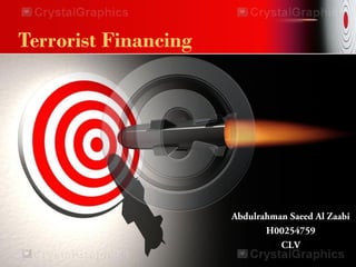 Terrorist Financing
Abdulrahman Saeed Al Zaabi
H00254759
CLV
 