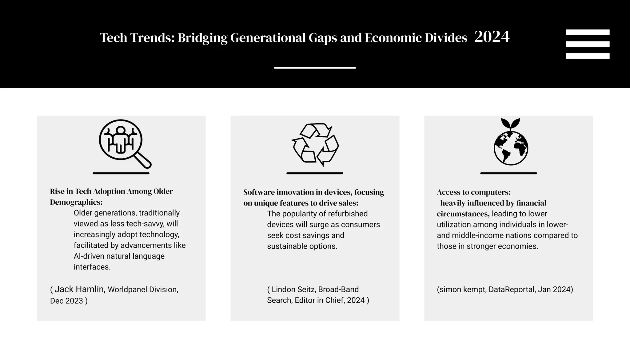 SLIDESMANIA.COM
Software innovation in devices, focusing
on unique features to drive sales:
The popularity of refurbished
devices will surge as consumers
seek cost savings and
sustainable options.
( Lindon Seitz, Broad-Band
Search, Editor in Chief, 2024 )
Access to computers:
heavily influenced by financial
circumstances, leading to lower
utilization among individuals in lower-
and middle-income nations compared to
those in stronger economies.
(simon kempt, DataReportal, Jan 2024)
Rise in Tech Adoption Among Older
Demographics:
Older generations, traditionally
viewed as less tech-savvy, will
increasingly adopt technology,
facilitated by advancements like
AI-driven natural language
interfaces.
( Jack Hamlin, Worldpanel Division,
Dec 2023 )
Tech Trends: Bridging Generational Gaps and Economic Divides 2024
 