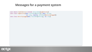 Messages for a payment system
case object AuditService extends ServiceKey[LogActivity]
case class LogActivity(who: ActorRe...