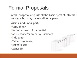 Formal proposals include all the basic parts of informal
proposals but may have additional parts.
Possible additional parts:
◦Copy of RFP
◦Letter or memo of transmittal
◦Abstract and/or executive summary
◦Title page
◦Table of contents
◦List of figures
◦Appendix
Formal Proposals
 
