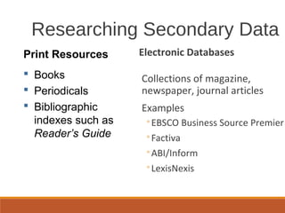 Researching Secondary Data
Electronic Databases
Collections of magazine,
newspaper, journal articles
Examples
◦EBSCO Business Source Premier
◦Factiva
◦ABI/Inform
◦LexisNexis
Print Resources
 Books
 Periodicals
 Bibliographic
indexes such as
Reader’s Guide
 