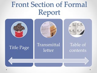 Front Section of Formal
Report
Title Page
Transmittal
letter
Table of
contents
 